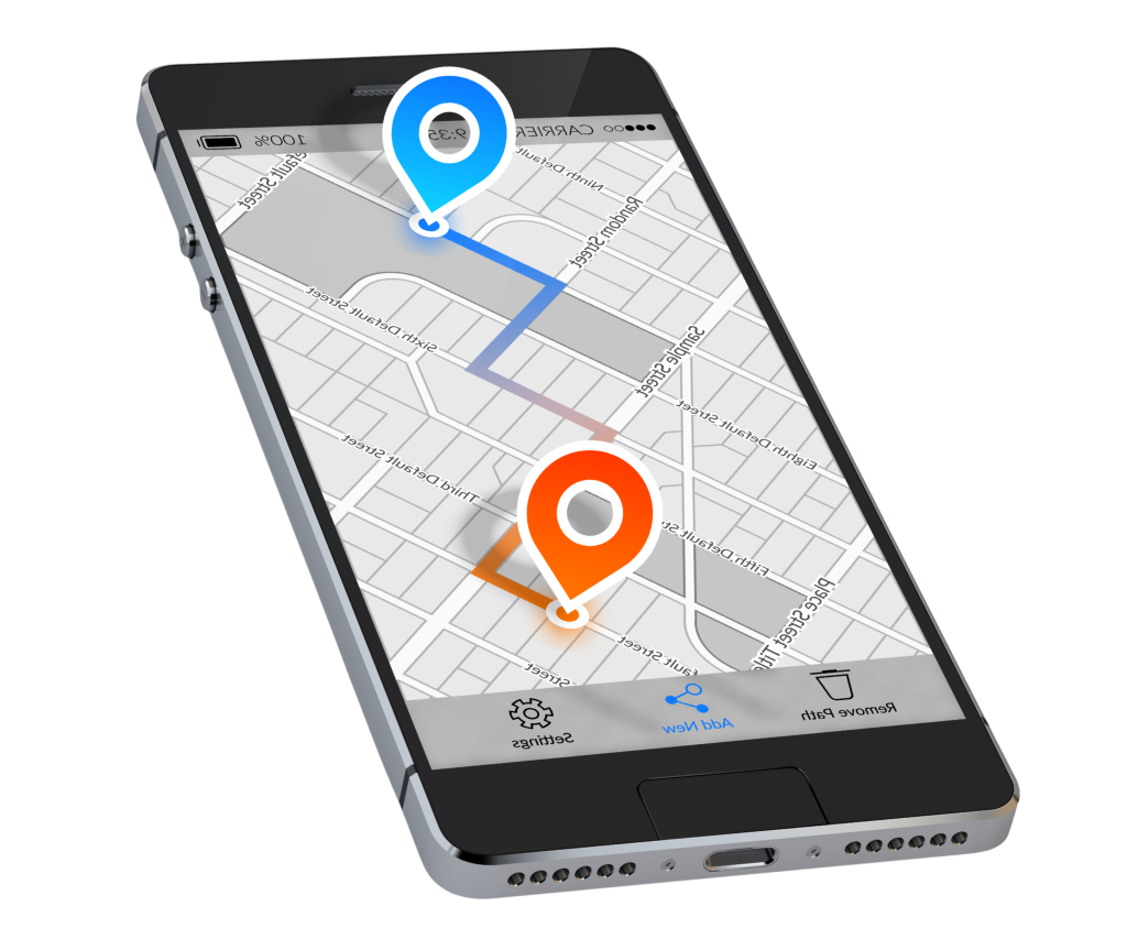 
A imagem mostra um smartphone com um aplicativo de mapas na tela. O aplicativo exibe um mapa urbano com uma rota traçada entre dois pontos. Um ponto de partida azul está no topo da tela, e um destino laranja-avermelhado está mais abaixo. No canto inferior da tela, há ícones de "Configurações", "Adicionar novo" e "Remover caminho". O telefone está em um ângulo, e o reflexo na tela mostra a palavra "CARRIER".