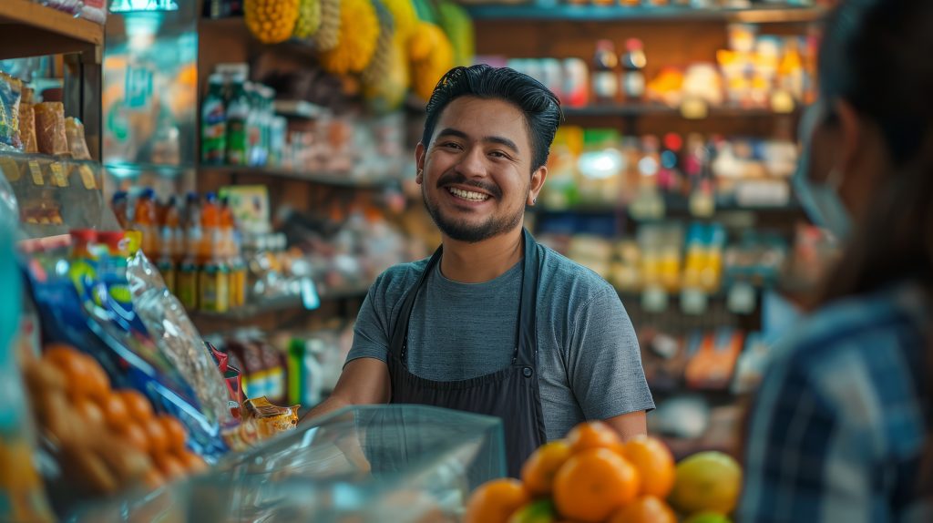 Um dono de mercadinho sorridente, com um avental cinza, atendendo um cliente no seu balcão, que está com produtos como frutas, bebidas e alimentos nas prateleiras ao fundo.