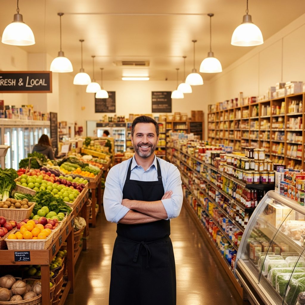 Um dono de mercadinho, com um sorriso confiante e braços cruzados, posa no meio de um corredor do seu mercado, que está limpo e bem organizado, com prateleiras repletas de produtos e bancadas de frutas e verduras.