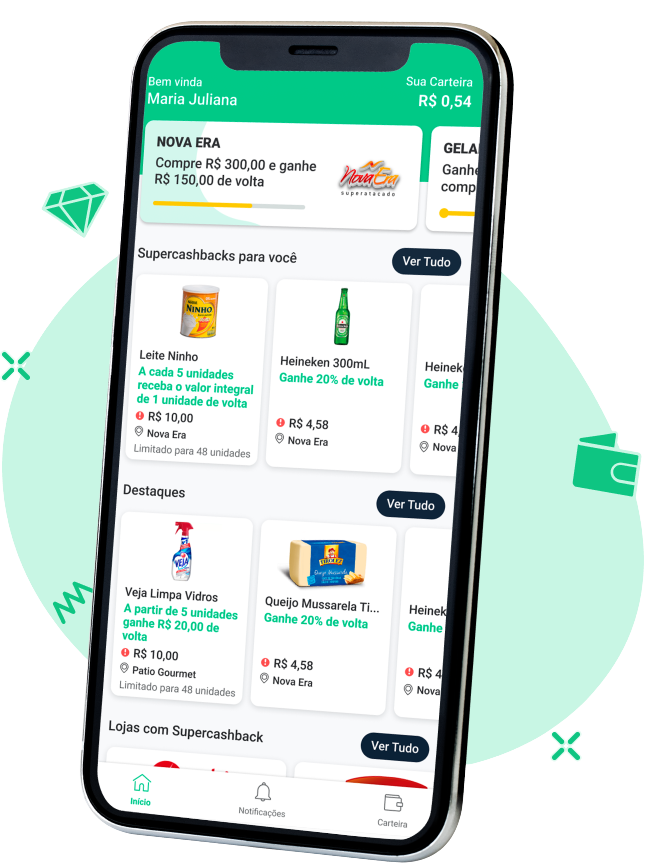 Aplicativo Zeuss em um smartphone, com a tela exibindo ofertas de cashback, descontos e promoções do Nova Era.