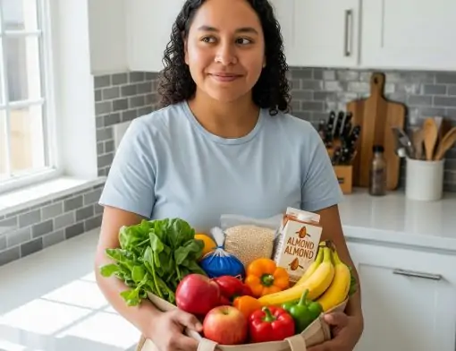 Mulher segurando uma sacola de compras cheia de alimentos frescos e saudáveis, como frutas, vegetais e produtos em embalagem, em uma cozinha bem iluminada.