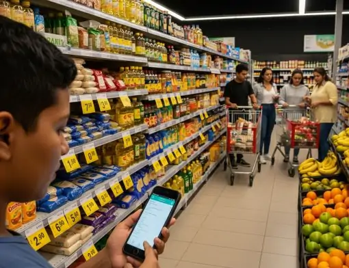 Consumidor fazendo compras com máscara em supermercado, com foco em economia.