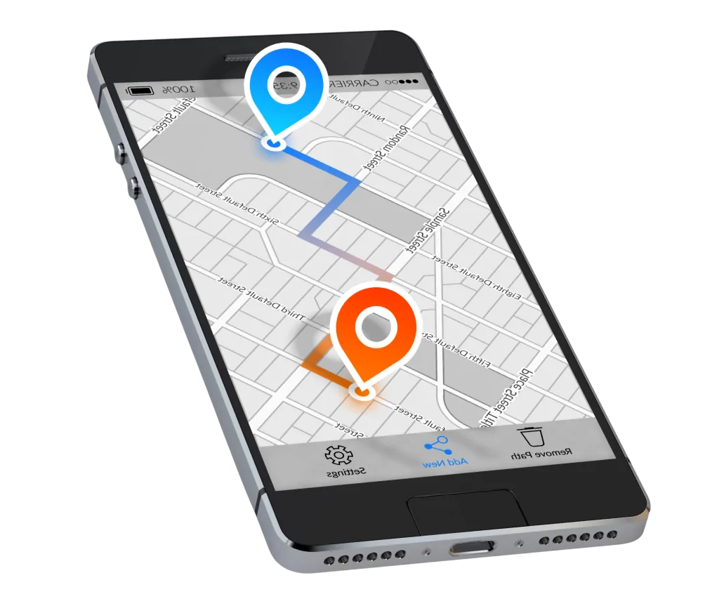 A imagem mostra um smartphone com um aplicativo de mapas na tela. O aplicativo exibe um mapa urbano com uma rota traçada entre dois pontos. Um ponto de partida azul está no topo da tela, e um destino laranja-avermelhado está mais abaixo. No canto inferior da tela, há ícones de "Configurações", "Adicionar novo" e "Remover caminho". O telefone está em um ângulo, e o reflexo na tela mostra a palavra "CARRIER".