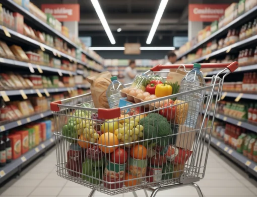 Um carrinho de supermercado metálico, visto de frente, está lotado de uma variedade de itens de mercearia, incluindo frutas (laranjas, uvas, maçãs), vegetais (brócolis, pimentões, tomates), ovos, pão, uma garrafa de água e produtos embalados. O carrinho está posicionado no meio de um corredor de supermercado, com prateleiras cheias de produtos em ambos os lados, criando uma perspectiva de profundidade. A iluminação do supermercado é clara e uniforme, realçando as cores vibrantes dos alimentos. No fundo, podem ser vistas algumas pessoas desfocadas, indicando um ambiente de supermercado em funcionamento.