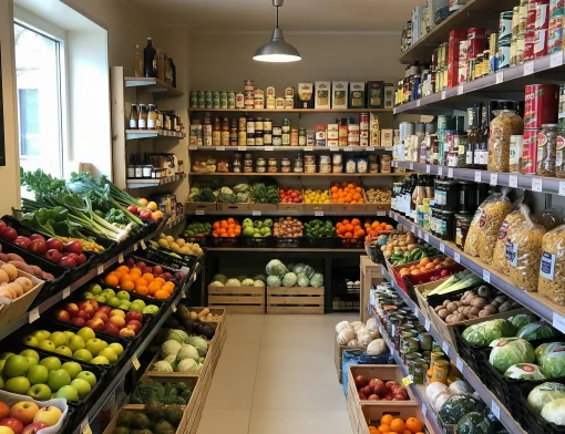 Uma visão de dentro de um pequeno mercado, com prateleiras cheias de produtos variados, incluindo frutas e verduras frescas em caixotes de madeira.