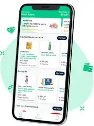 Aplicativo Zeuss em um smartphone, com a tela exibindo ofertas de cashback, descontos e promoções do Nova Era.